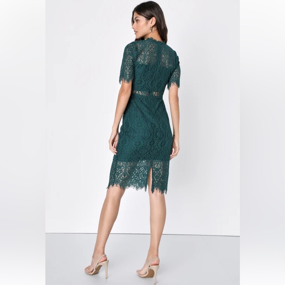 LULUS Remarkable Forest Green Sheer Lace Short Sleeve Mini Dress - Picture 6 of 15